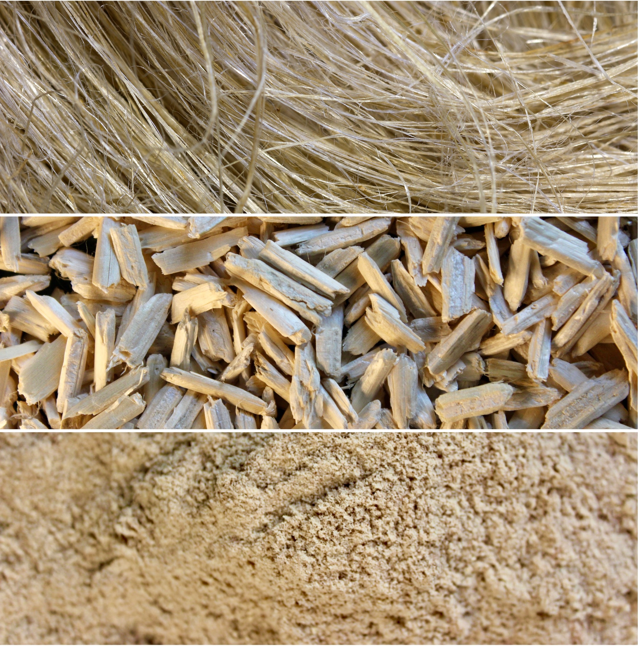 Close-up of industrial hemp fibers, hemp hurd, and hemp dust.