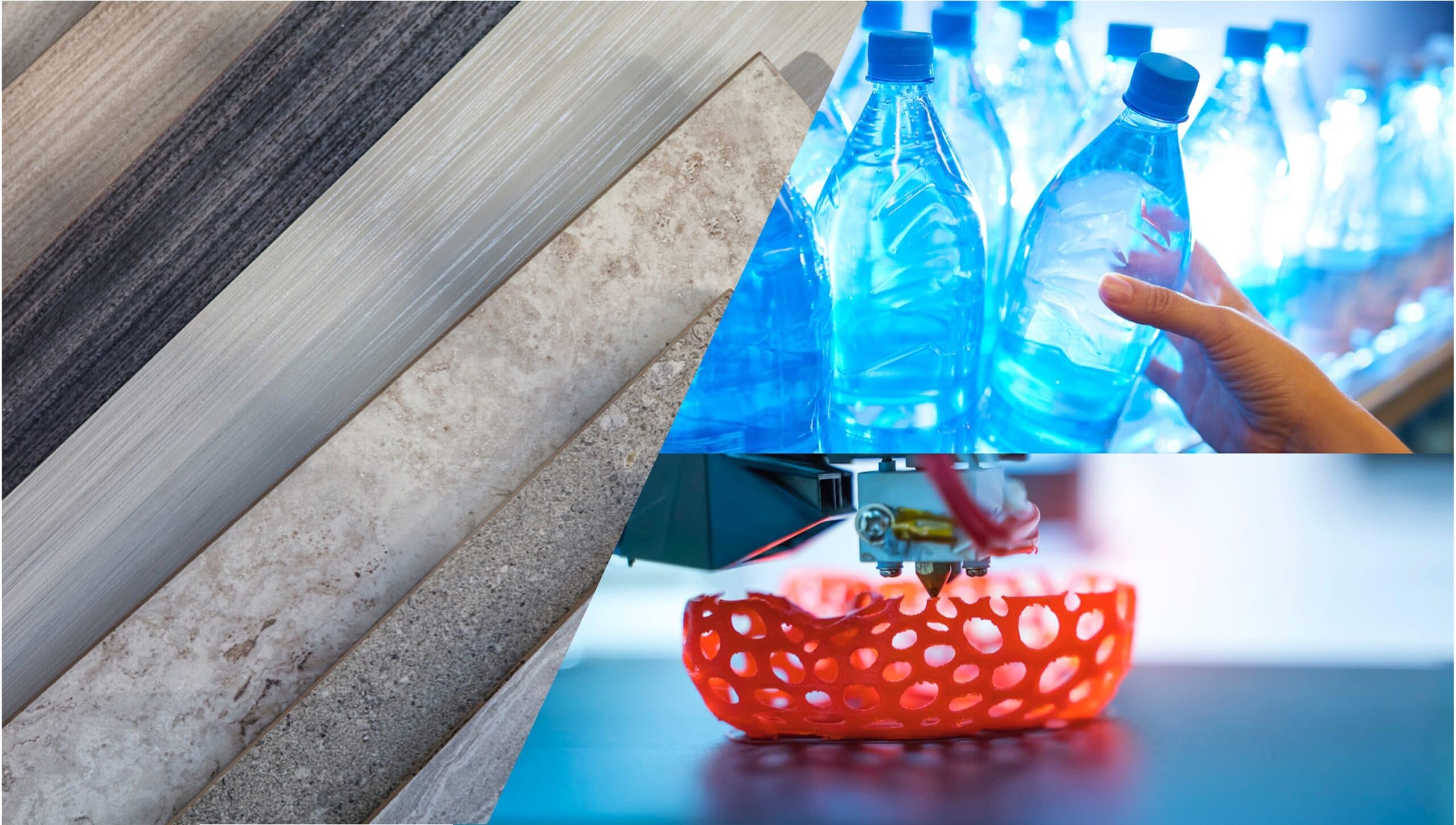 Composite image of hemp building materials, clear water bottles, and a red bowl being 3D printed.